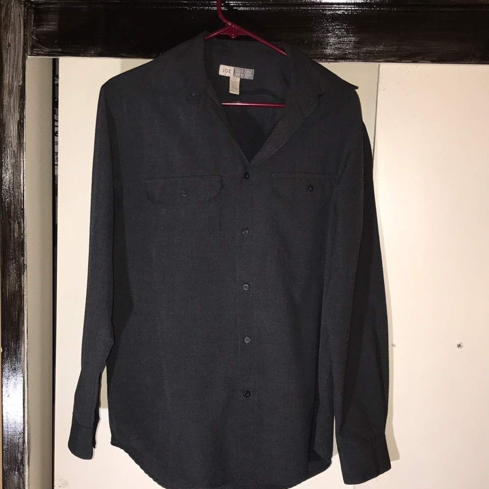 Charcoal grey casual button up shirt.
